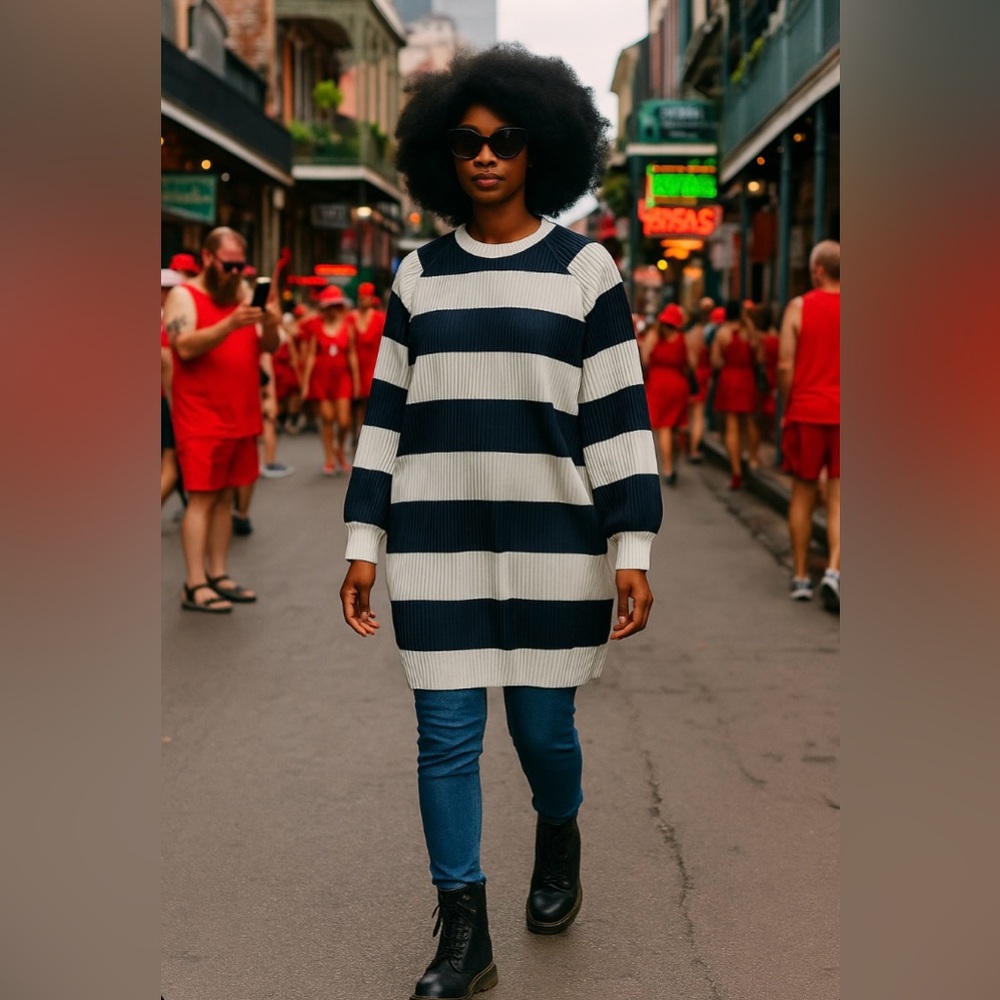 Terrell Dominick  Striped Balloon Top Oversized Tunic Long Sleeve Dress  Ribbed
